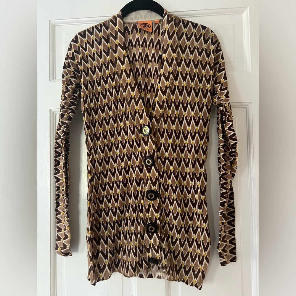Tory Burch Chevron Brown Printed Cardigan